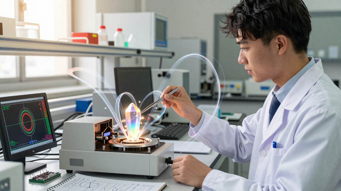 Cientista em laboratório analisa um cristal luminoso com pinças, rodeado por computadores e equipamentos.