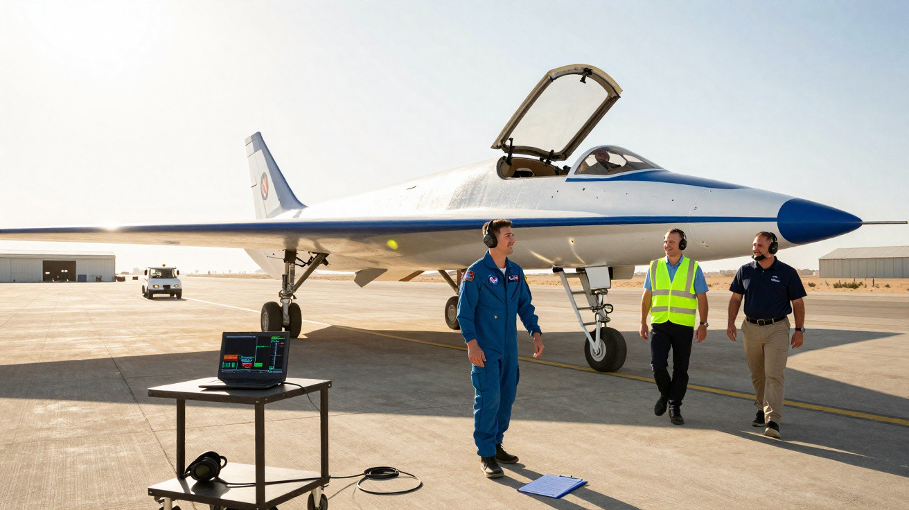Avião experimental branco e azul numa pista, com três técnicos a caminhar e equipamento de avaliação perto.