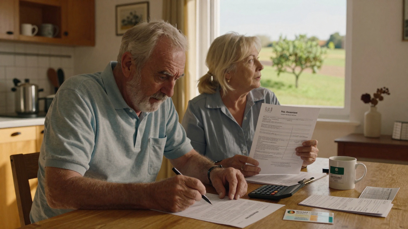 Casal sénior sentado à mesa em casa, a analisar documentos e a fazer contas com calculadora.