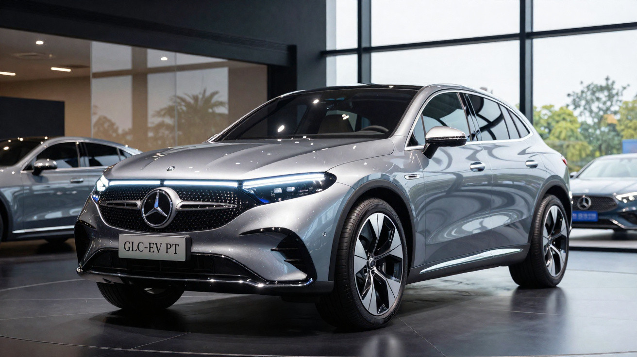 Carro elétrico Mercedes-Benz GLC-EV PT prata exposto em concessionário moderno com janelas amplas.