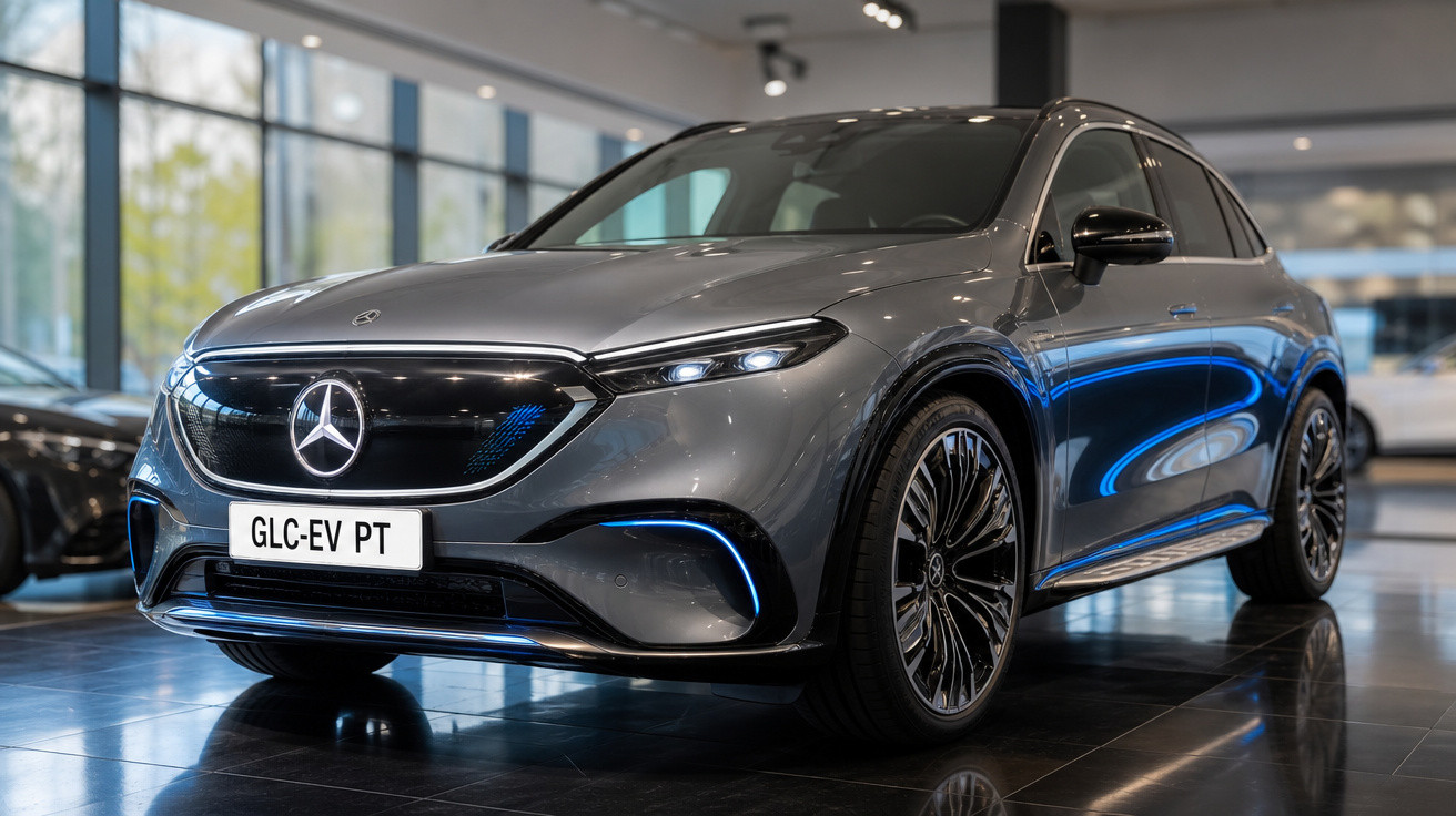 Mercedes-Benz elétrico cinzento estacionado numa concessionária com placa GLC-EV PT.