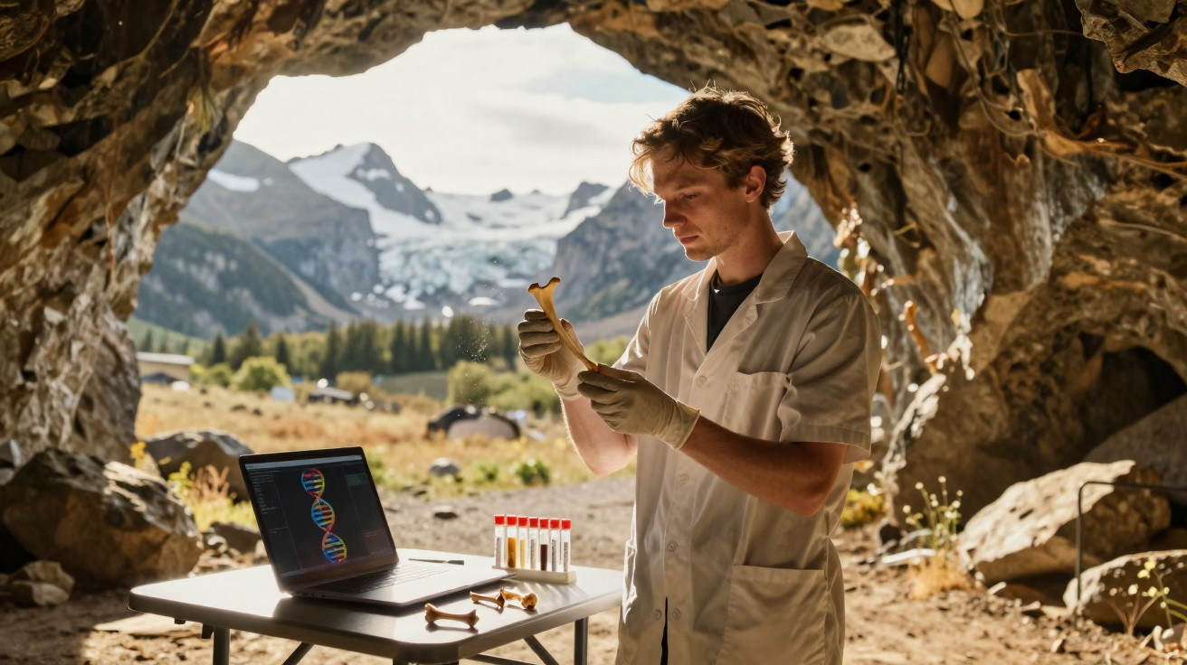 Cientista analisa osso dentro de uma caverna com montanhas e glaciar ao fundo, computador e tubos de ensaio na mesa.