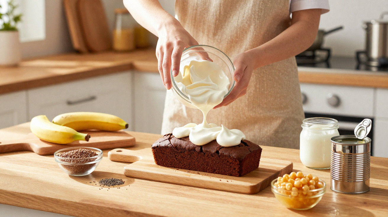 Pessoa a colocar cobertura cremosa em bolo de chocolate numa cozinha com ingredientes diversos na mesa.