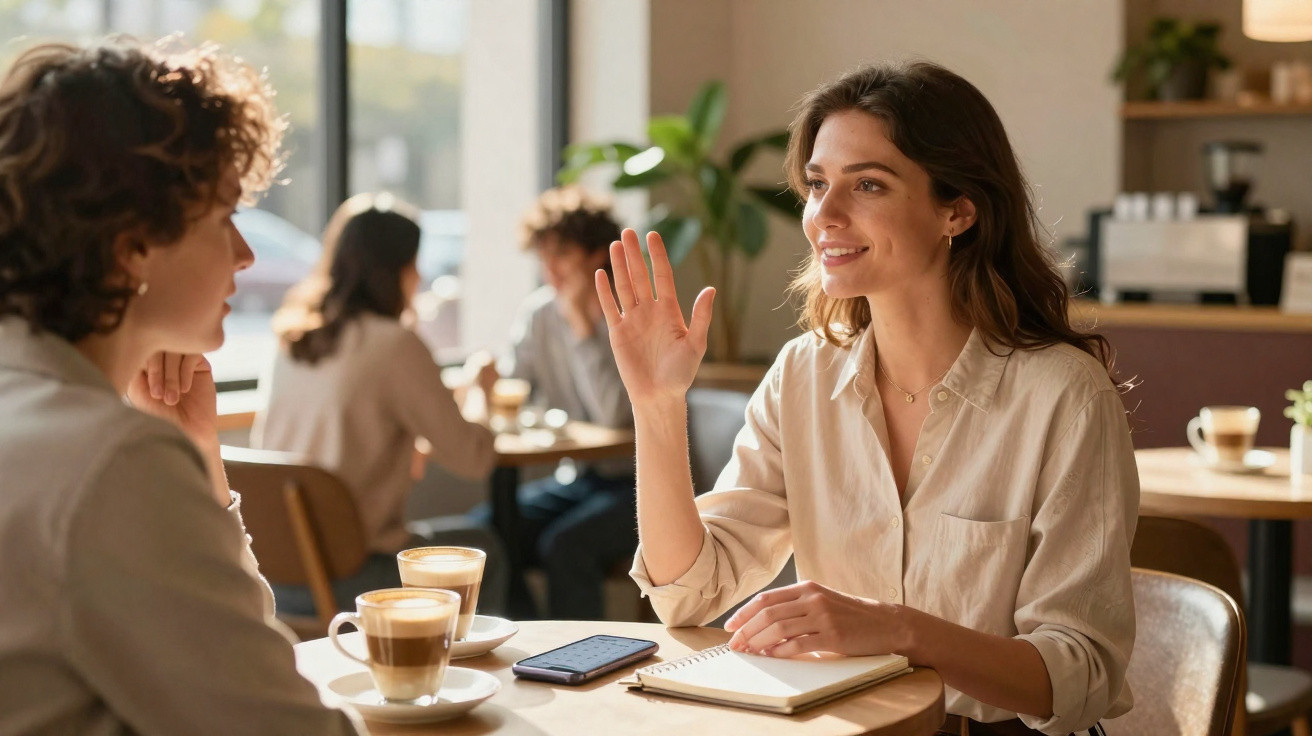 Duas mulheres conversam animadamente num café, com duas bebidas e um caderno na mesa.