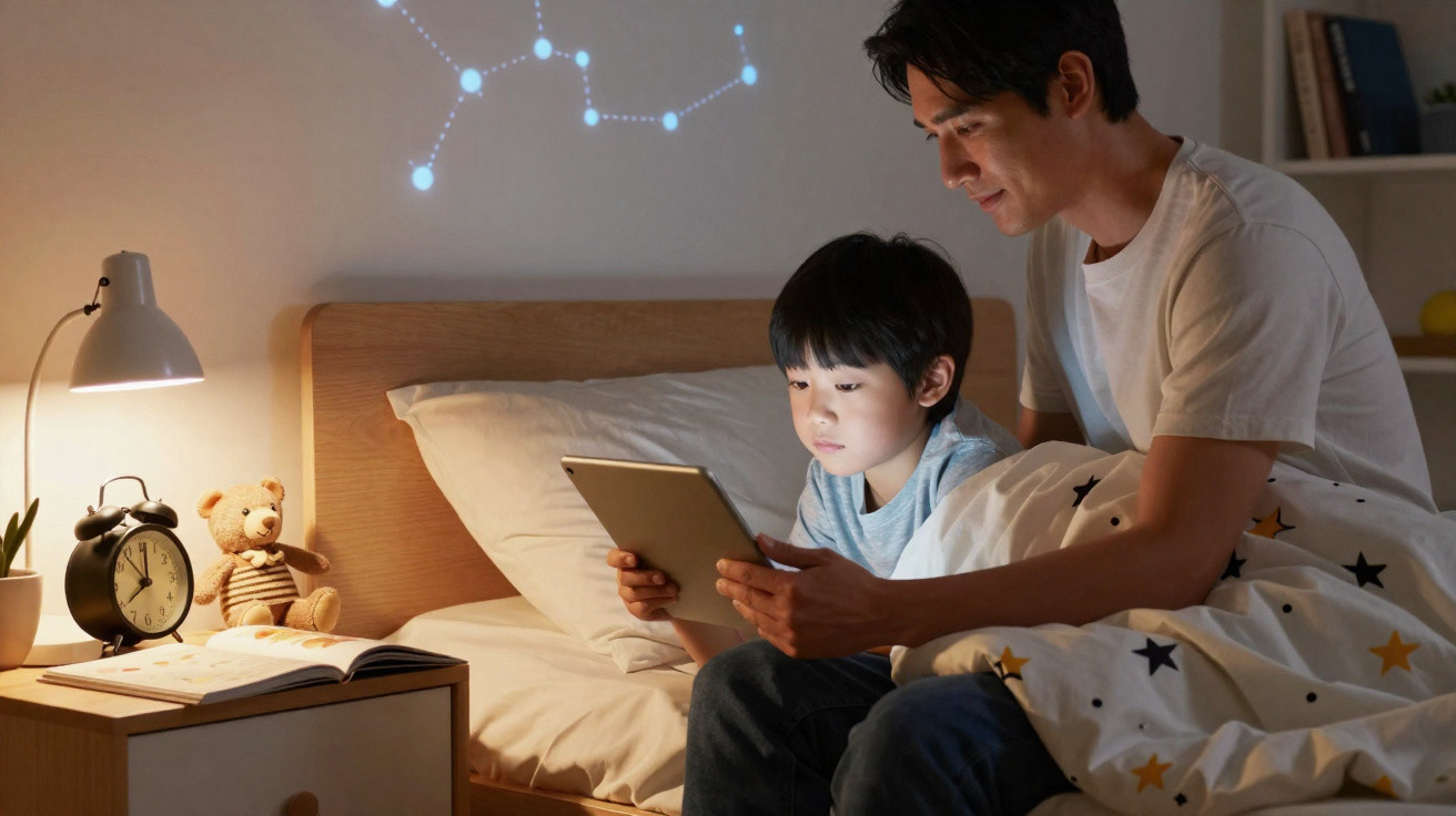 Pai e filho sentados na cama a ver um tablet, com luz suave e constelações projetadas na parede atrás.