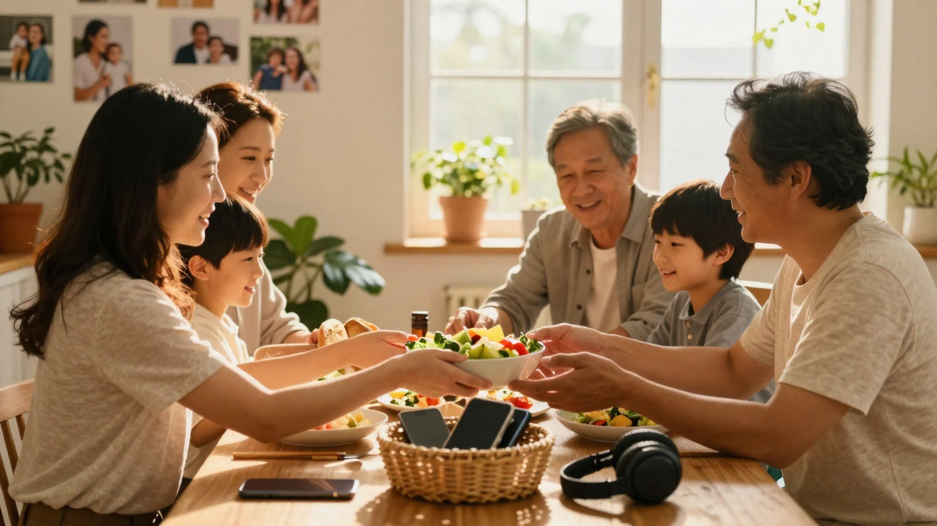 Família asiática multigeracional sentada à mesa a partilhar uma refeição numa sala iluminada pela janela.