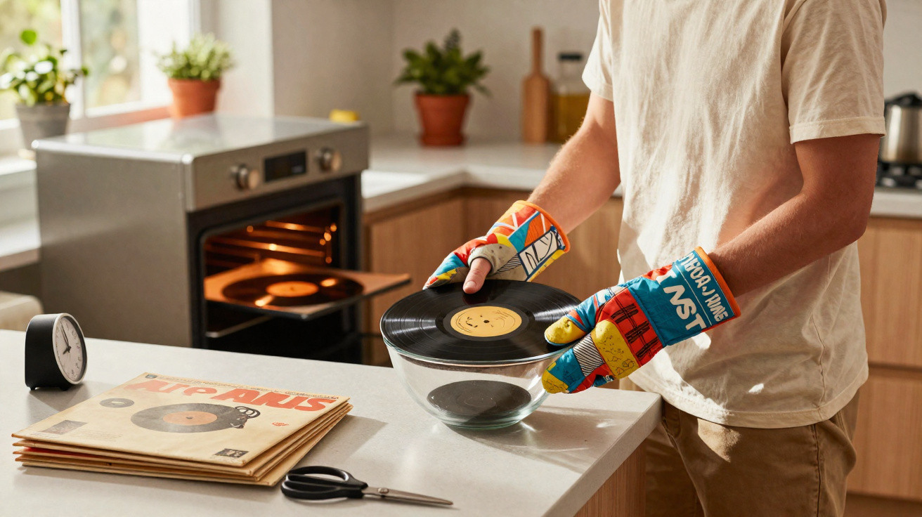 Pessoa a usar luvas de forno a pressionar disco de vinil numa taça de vidro numa cozinha moderna.