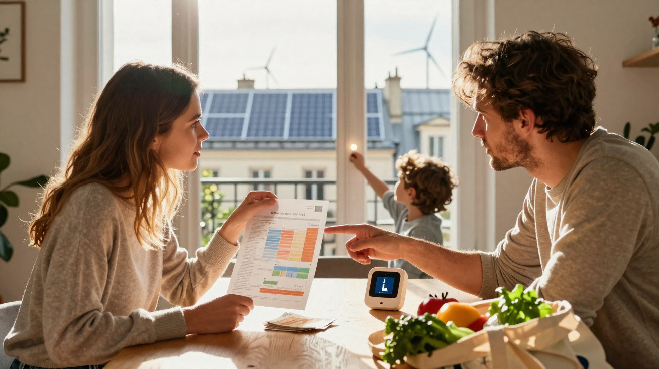 Casal discute contas à mesa enquanto criança observa turbinas e painéis solares pela janela.