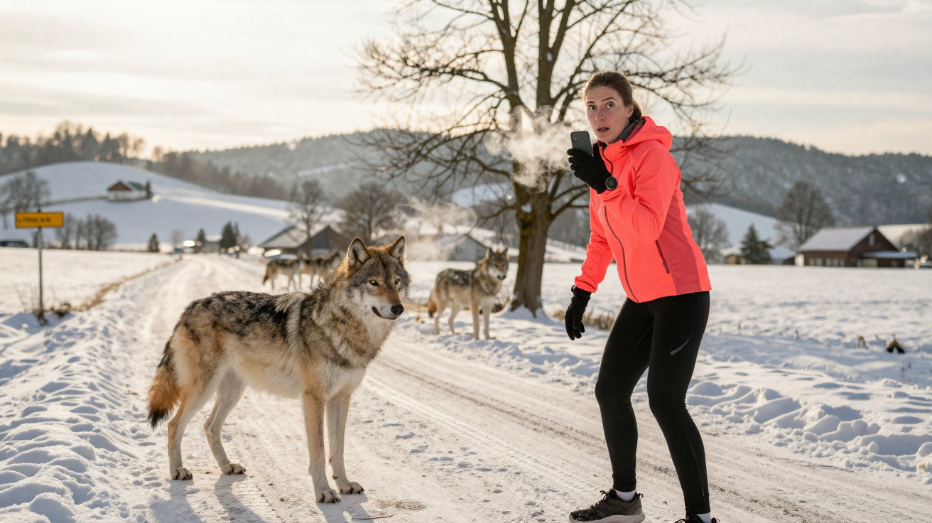 Mulher surpreendida por lobos na estrada coberta de neve numa paisagem rural de inverno.