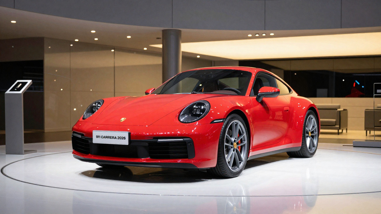 Carro desportivo vermelho Porsche 911 Carrera 2026 exposto em salão moderno com iluminação suave.
