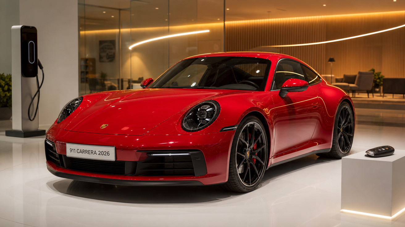 Carro desportivo Porsche 911 Carrera vermelho modelo 2026 em exposição numa sala moderna.