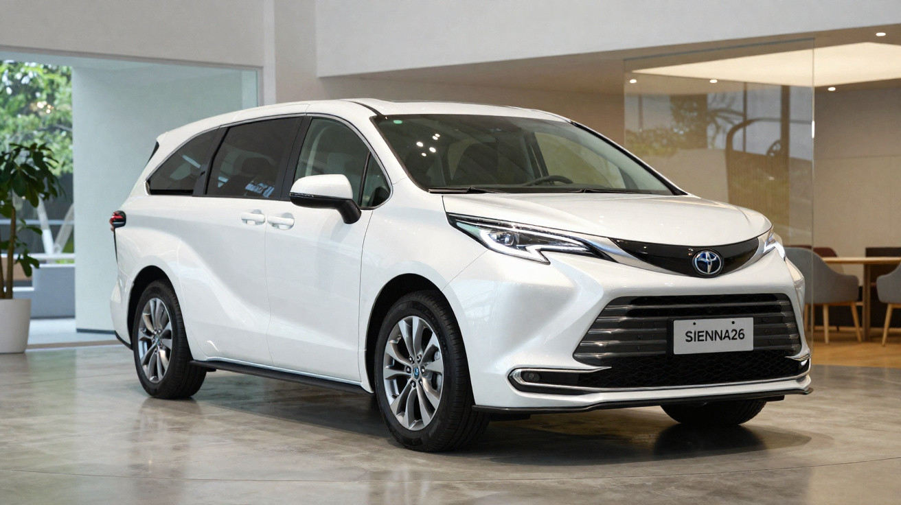 Minivan branca Toyota Sienna26 estacionada em interior moderno com chão cinzento.