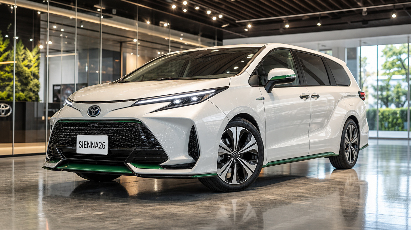 Carro Toyota Sienna branco estacionado em showroom moderno com chão polido e luzes no teto.