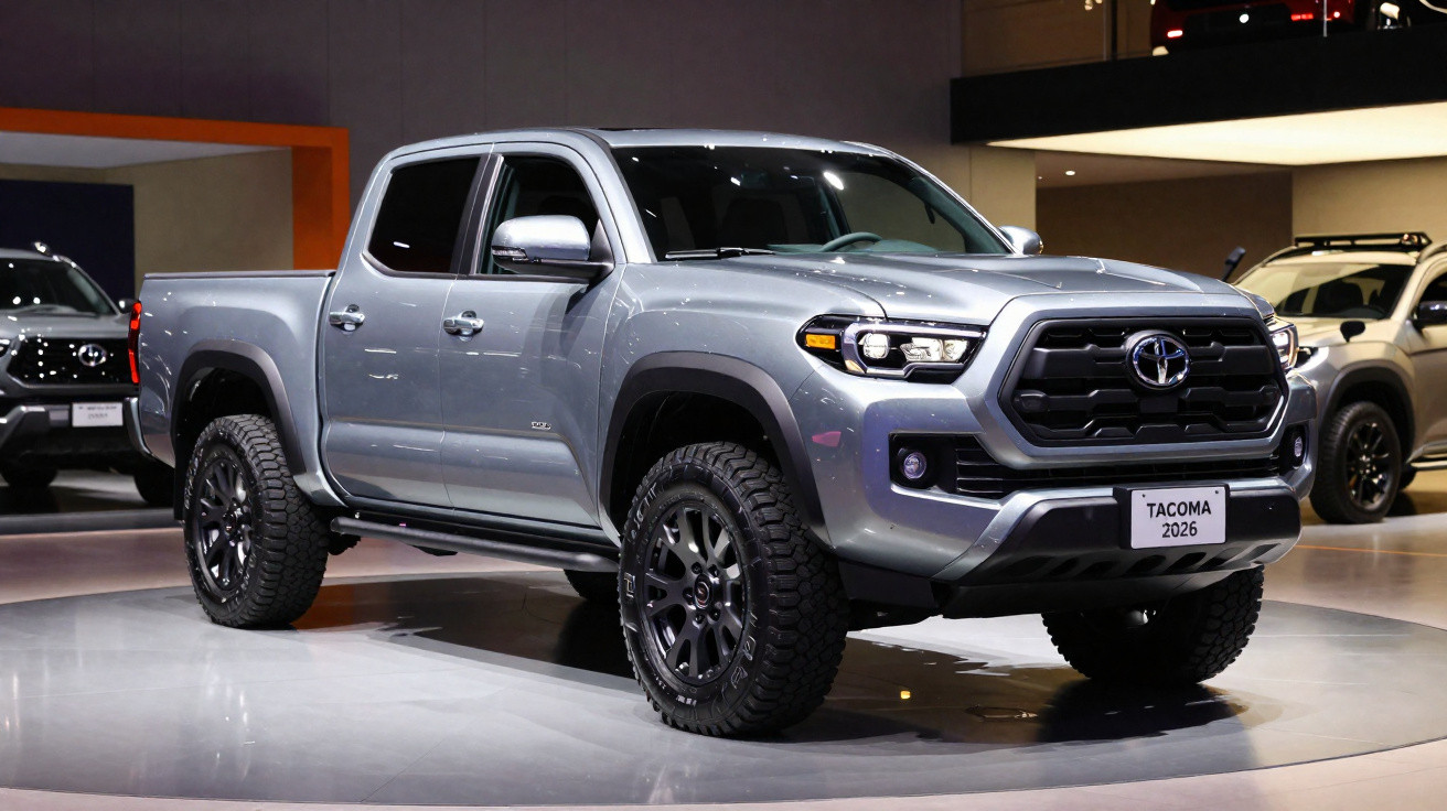 Pick-up Toyota Tacoma 2026 cinzenta exibida em stand automóvel com iluminação interior moderna.