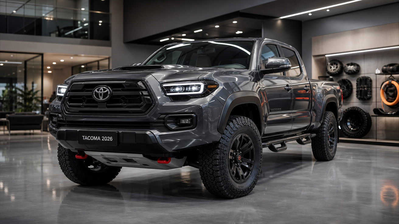Pick-up Toyota Tacoma 2026 cinzenta exposta num showroom moderno com rodas pretas robustas.