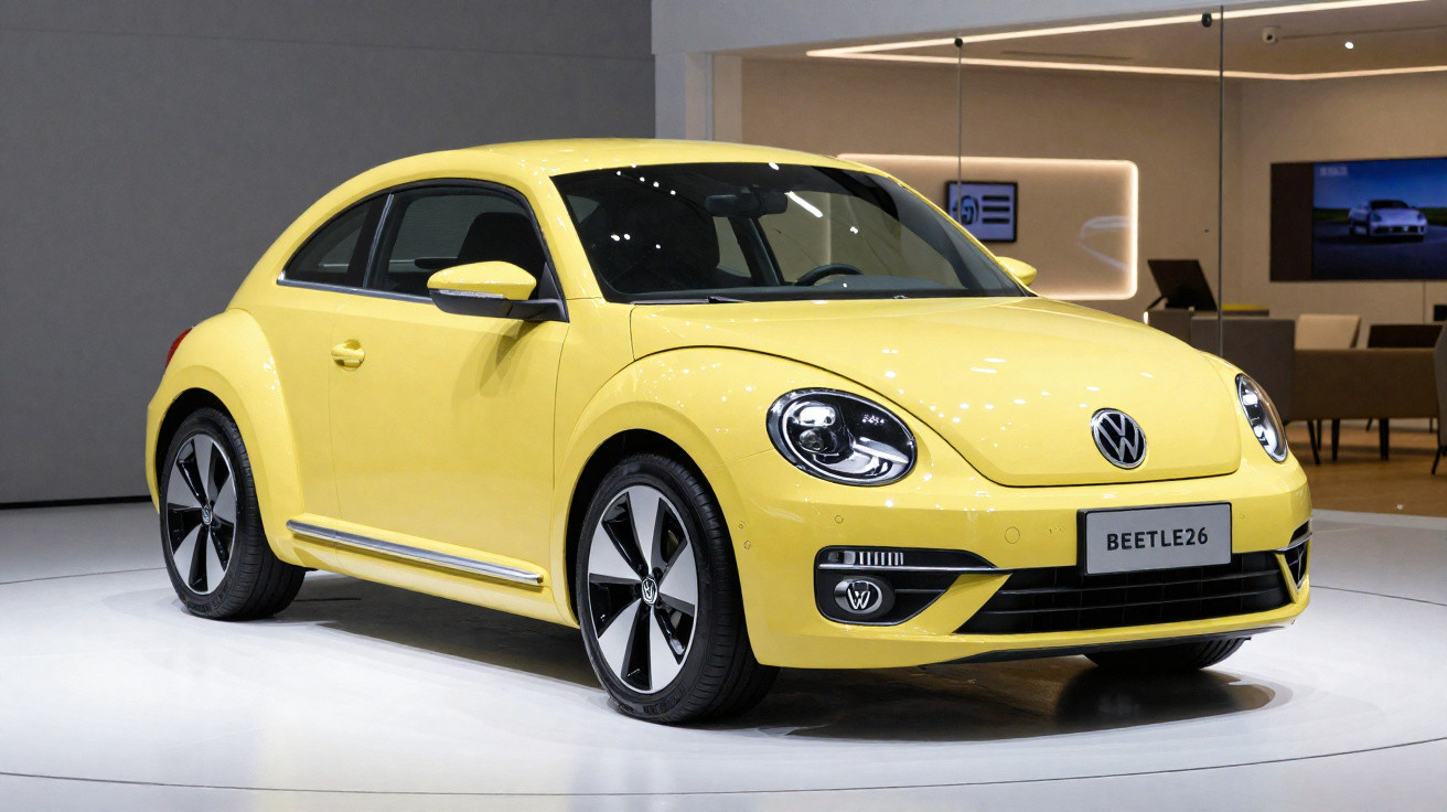 Carro Volkswagen Beetle amarelo exposto numa sala moderna e bem iluminada.