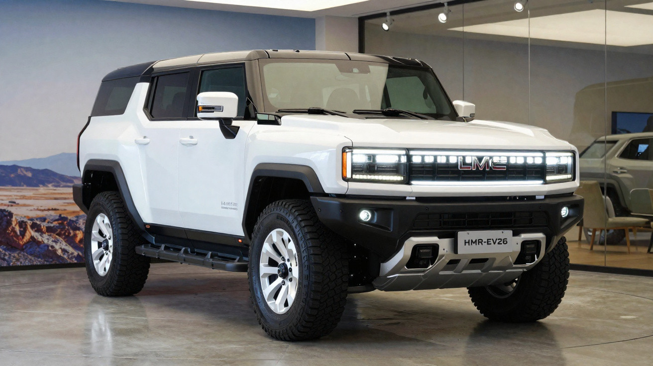 SUV elétrico branco da GMC estacionado em showroom com jantes grandes e linhas robustas.