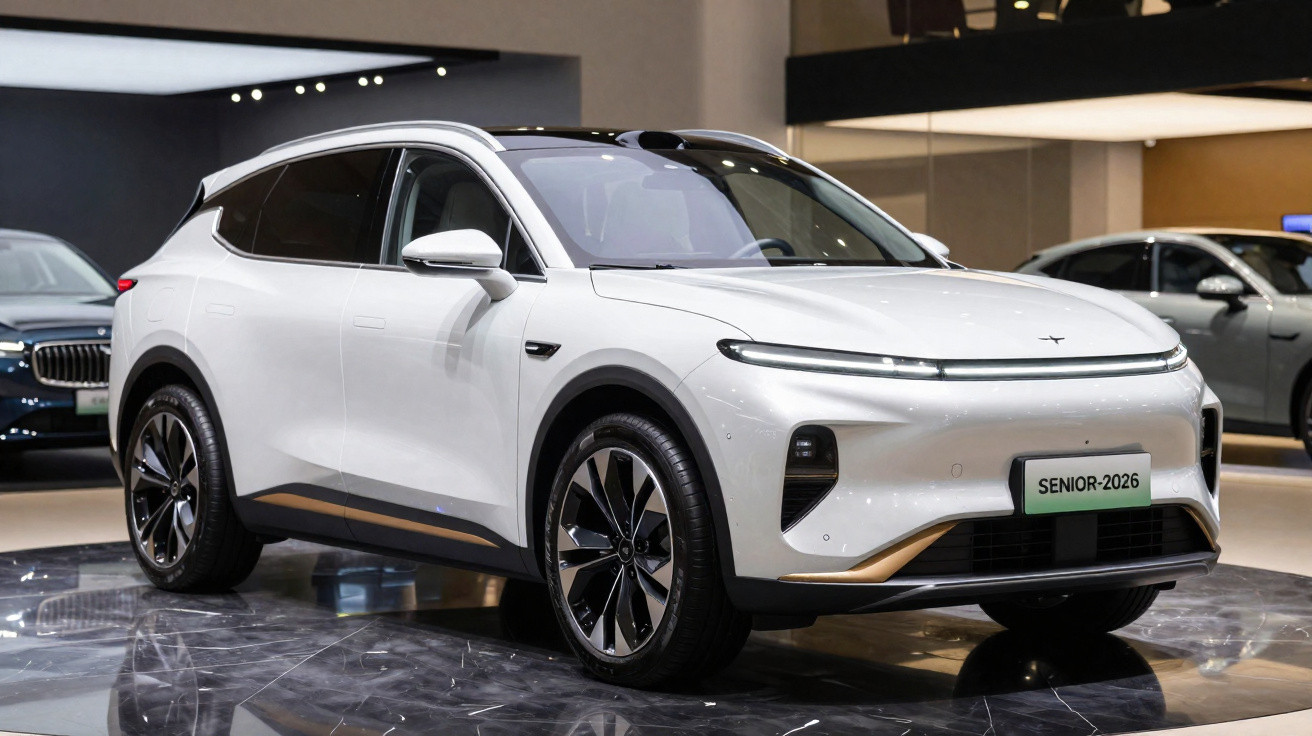 Carro SUV elétrico branco exposto em salão automóvel com rodas pretas e detalhes modernos.