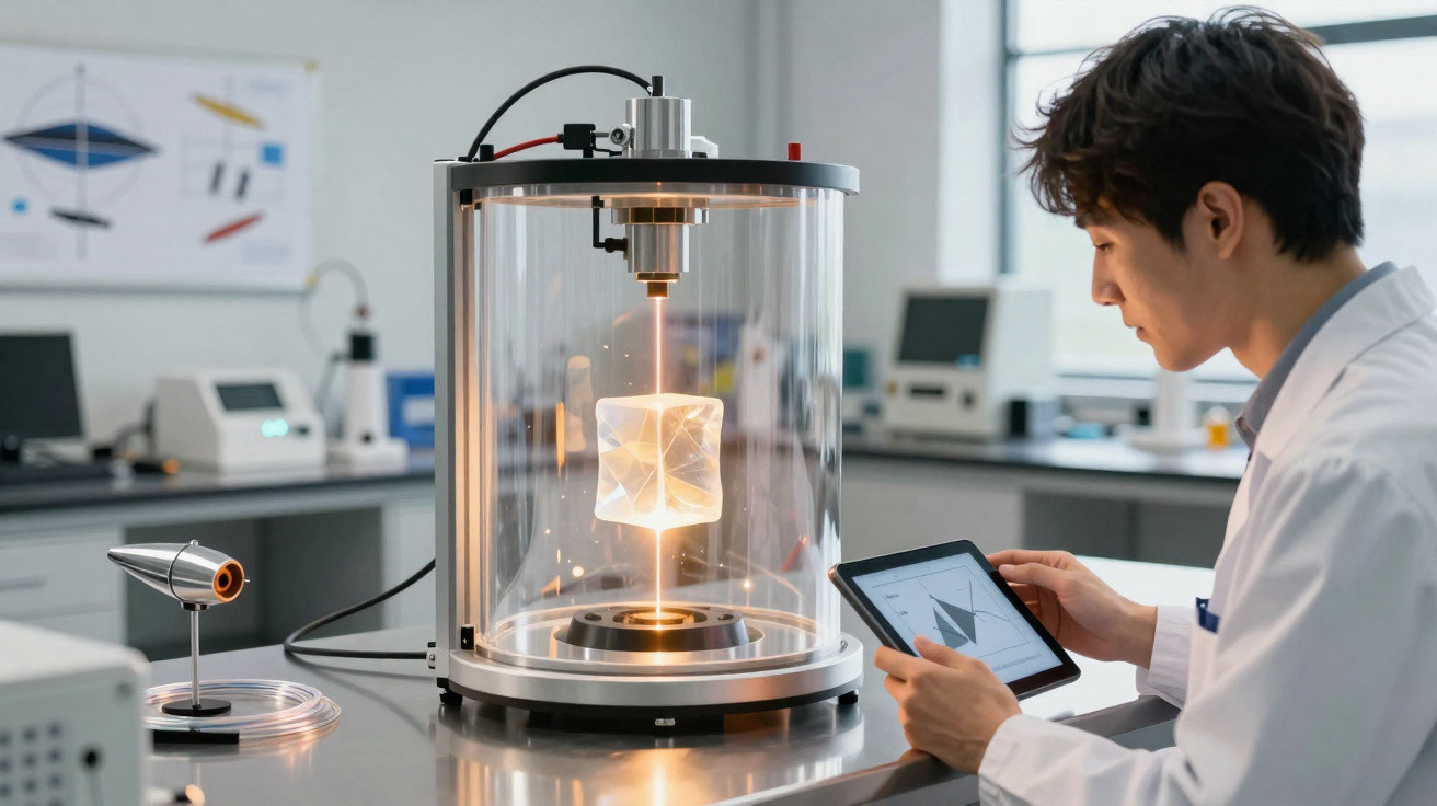 Cientista observa máquina de impressão 3D que cria objeto geométrico translúcido num laboratório.