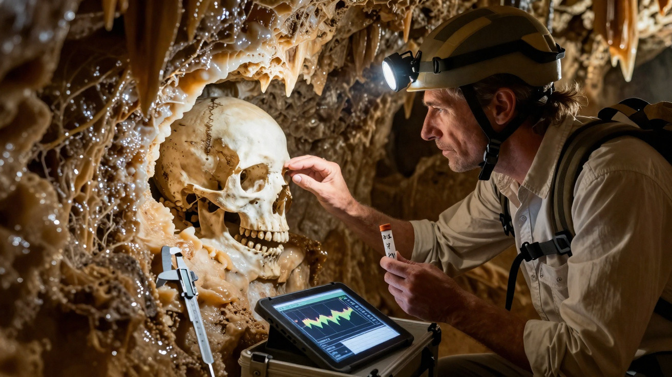 Explorador com capacete e luz examina um crânio humano numa gruta com estalactites e equipamentos científicos.