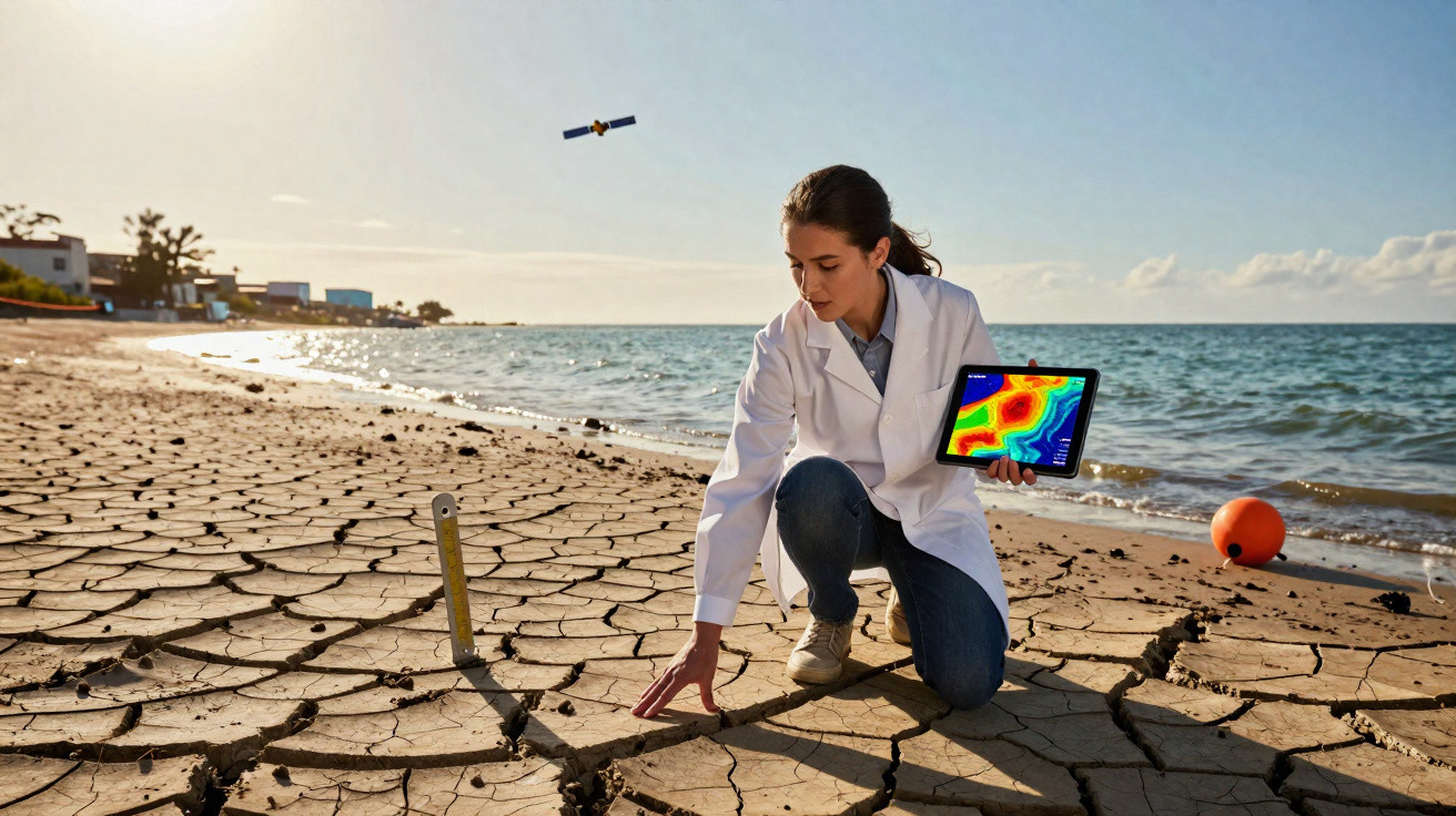 Investigadora com bata branca analisa solo seco e rachado numa praia junto ao mar com tablet e satélite visível no céu.