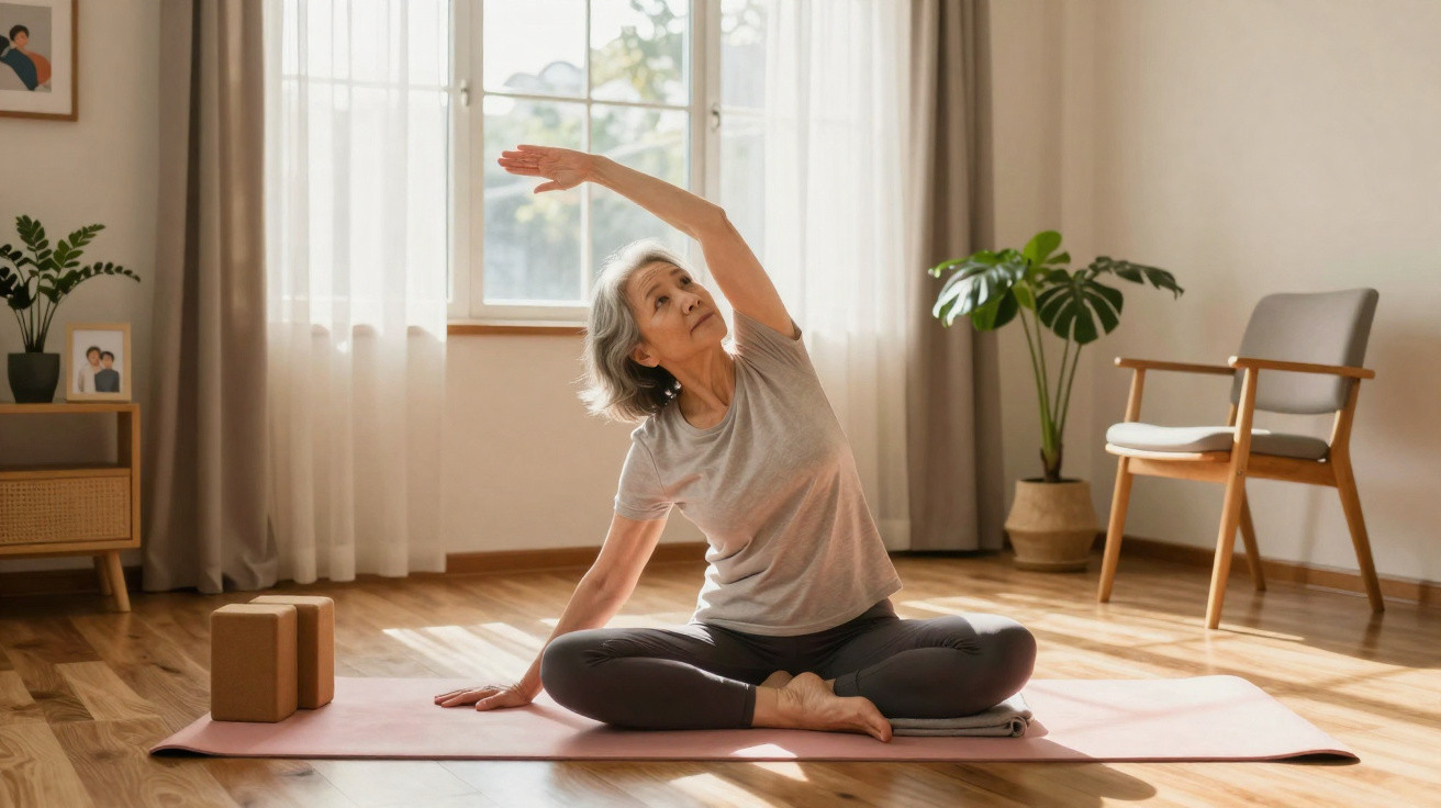 Mulher idosa a praticar yoga sentada no tapete numa sala iluminada com plantas e cadeira.