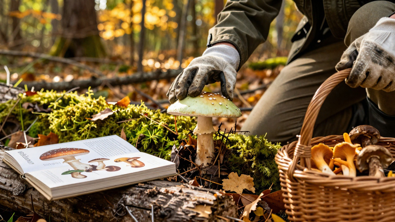 Pessoa apanha cogumelo venenoso com luvas e consulta livro sobre cogumelos na floresta no outono.