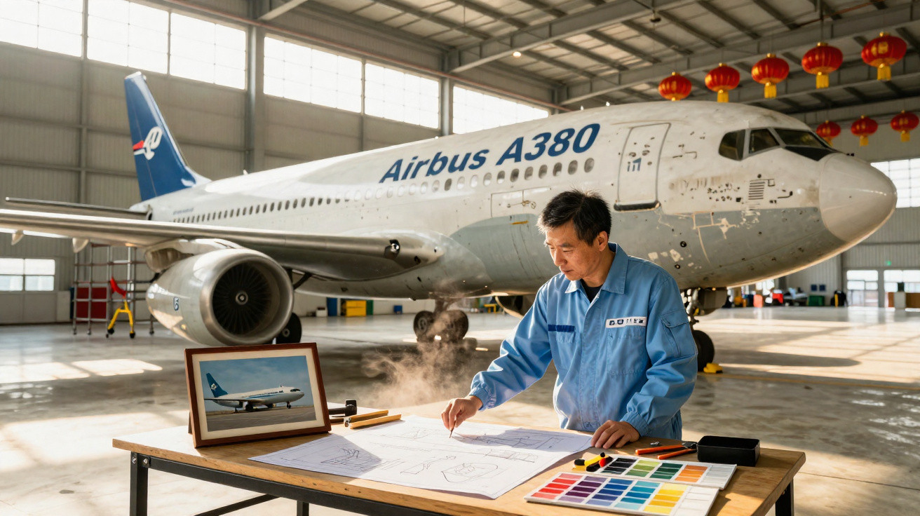 Homem a trabalhar em desenhos técnicos diante de um avião Airbus A380 dentro de um hangar.