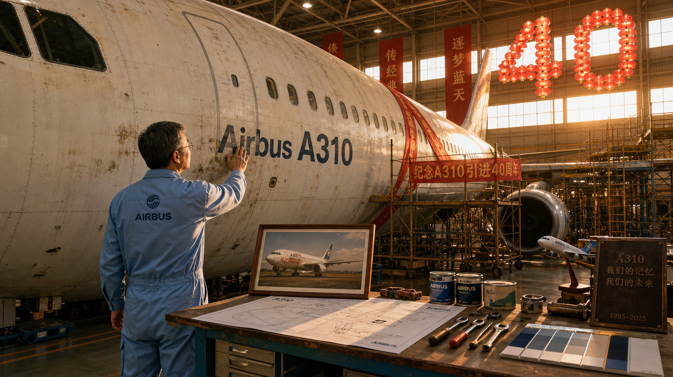 Homem com fato Airbus observa fuselagem antiga do avião Airbus A310 numa oficina com ferramentas e plantas.