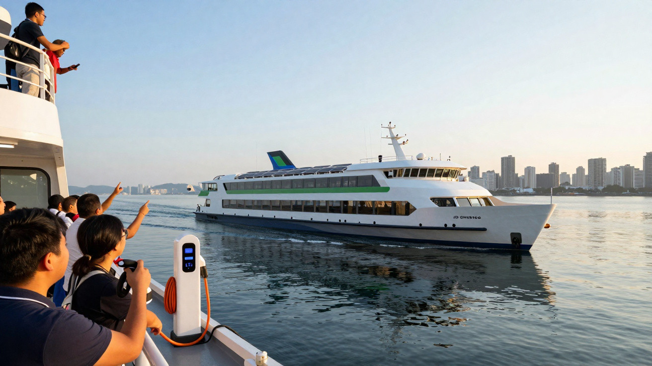Pessoas observam e fotografam ferry branco a navegar no rio com cidade ao fundo ao entardecer.