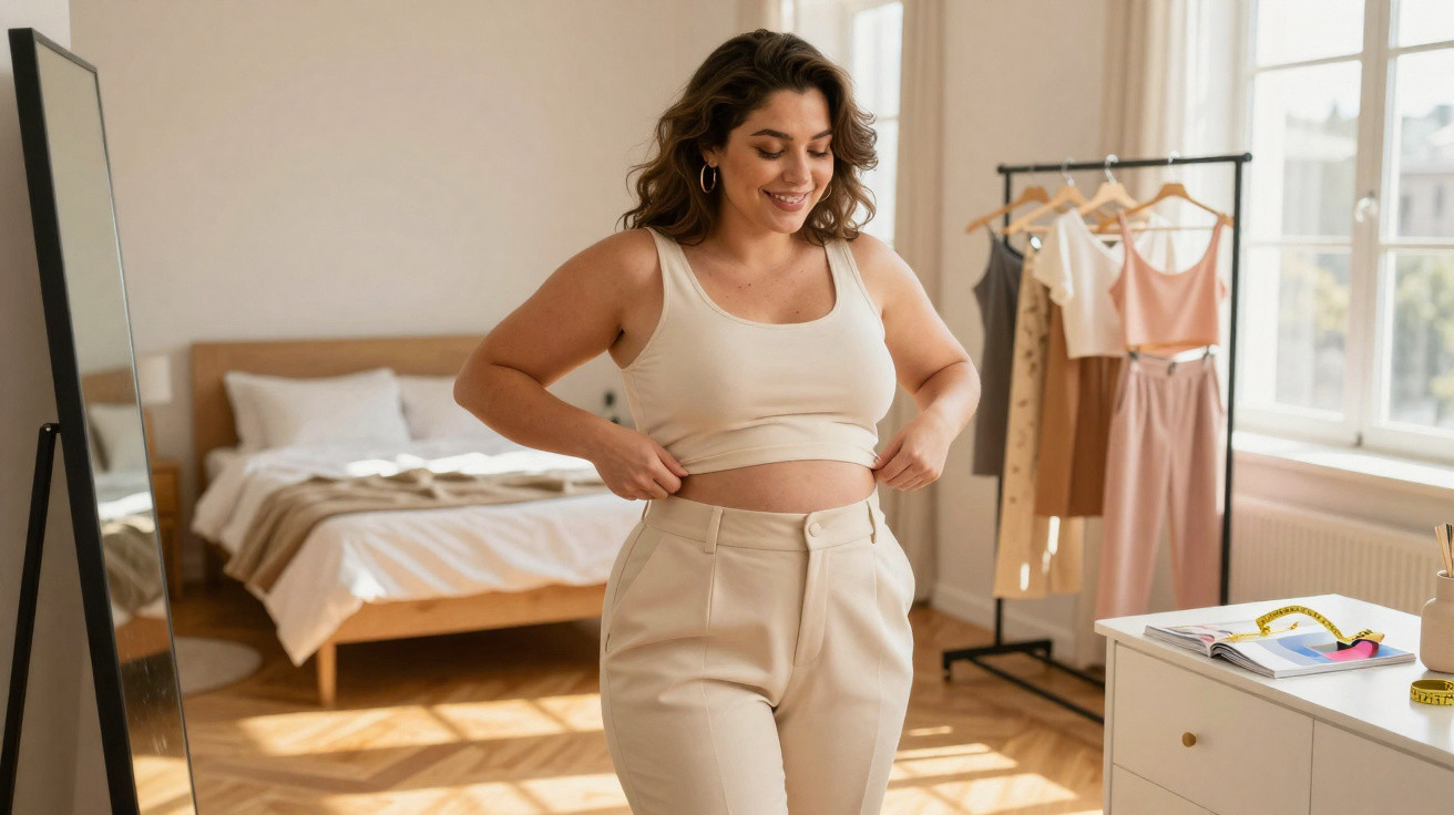 Mulher sorridente a vestir calças bege num quarto luminoso com cama, roupa pendurada e espelho.
