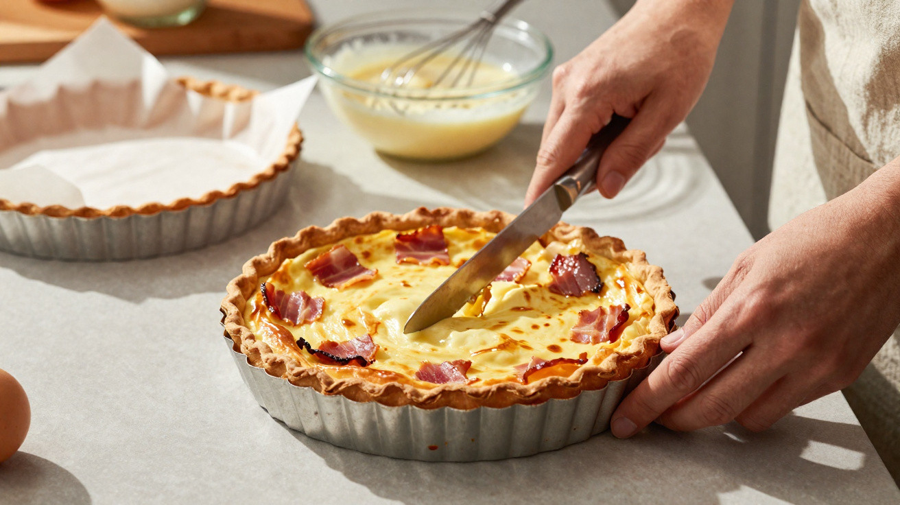 Mãos a cortar uma quiche de bacon numa forma metálica, com utensílios de cozinha ao fundo.