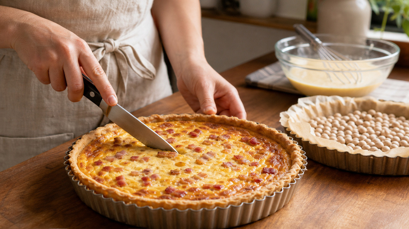 Pessoa a cortar uma tarte salgada recém saída do forno sobre bancada de madeira.