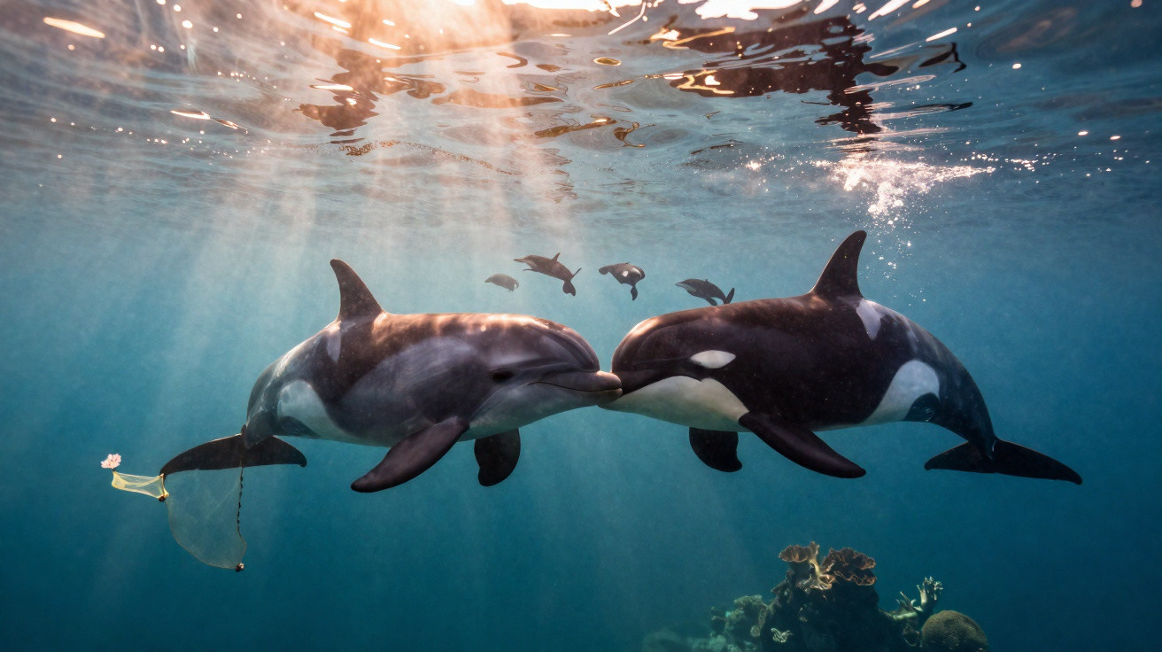 Dois golfinhos a tocar focinhos em águas claras com orcas e coral ao fundo.