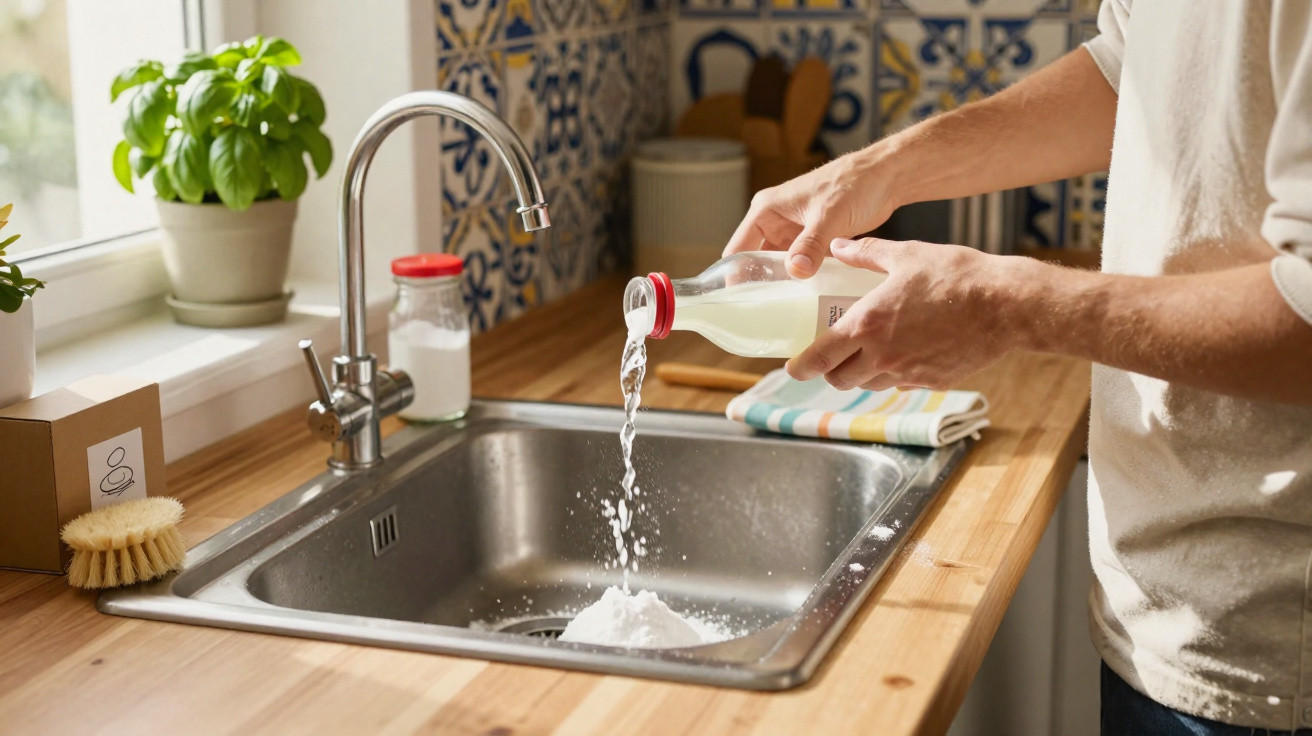 Pessoa a despejar líquido branco num lava-loiças de cozinha com bancada de madeira e plantas junto à janela.