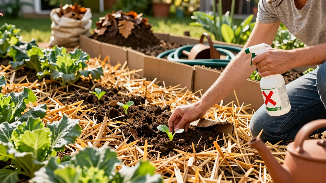 Pessoa a cuidar de plantas jovens num canteiro com cobertura de palha num jardim doméstico.