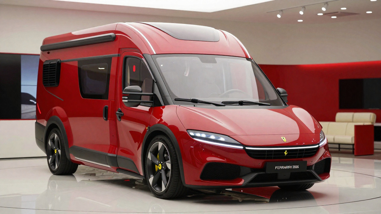 Caravana eléctrica desportiva Ferrari vermelha exibida em ambiente interior moderno.