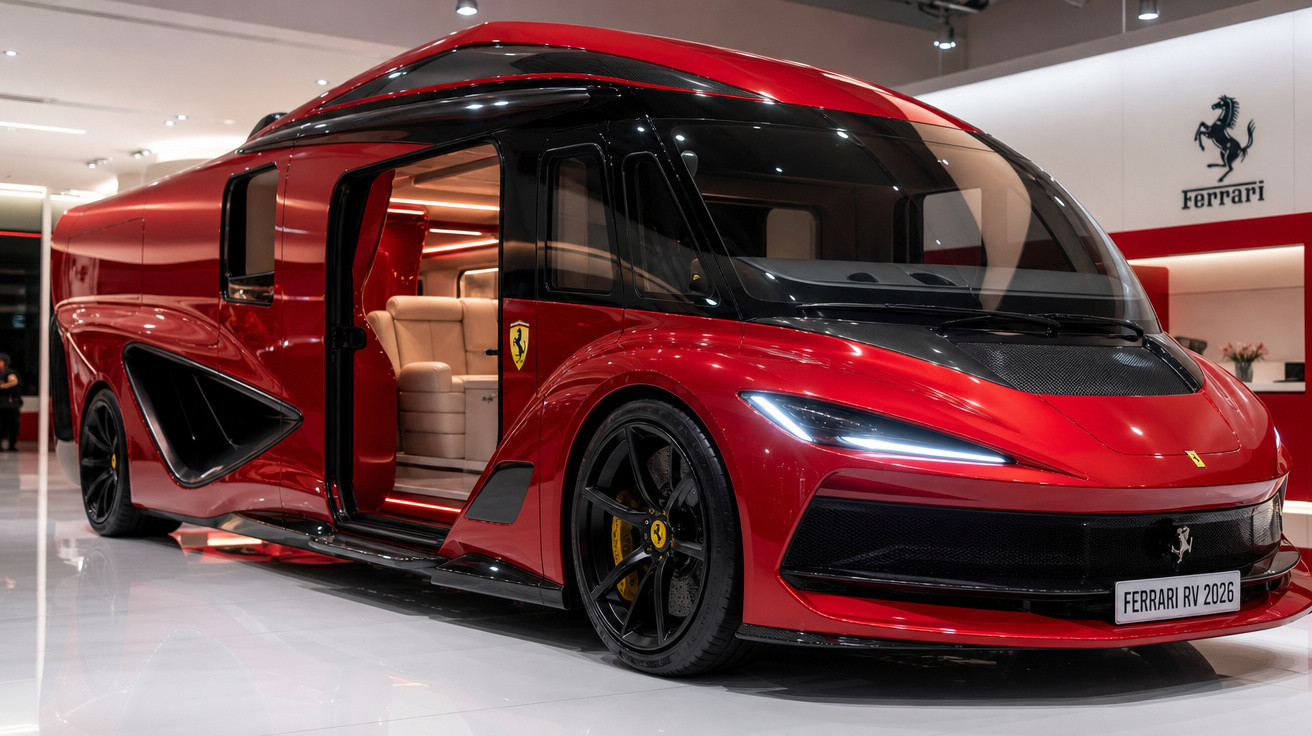 Autocaravana futurista Ferrari vermelha brilhante com portas abertas, interior luxuoso e design aerodinâmico.