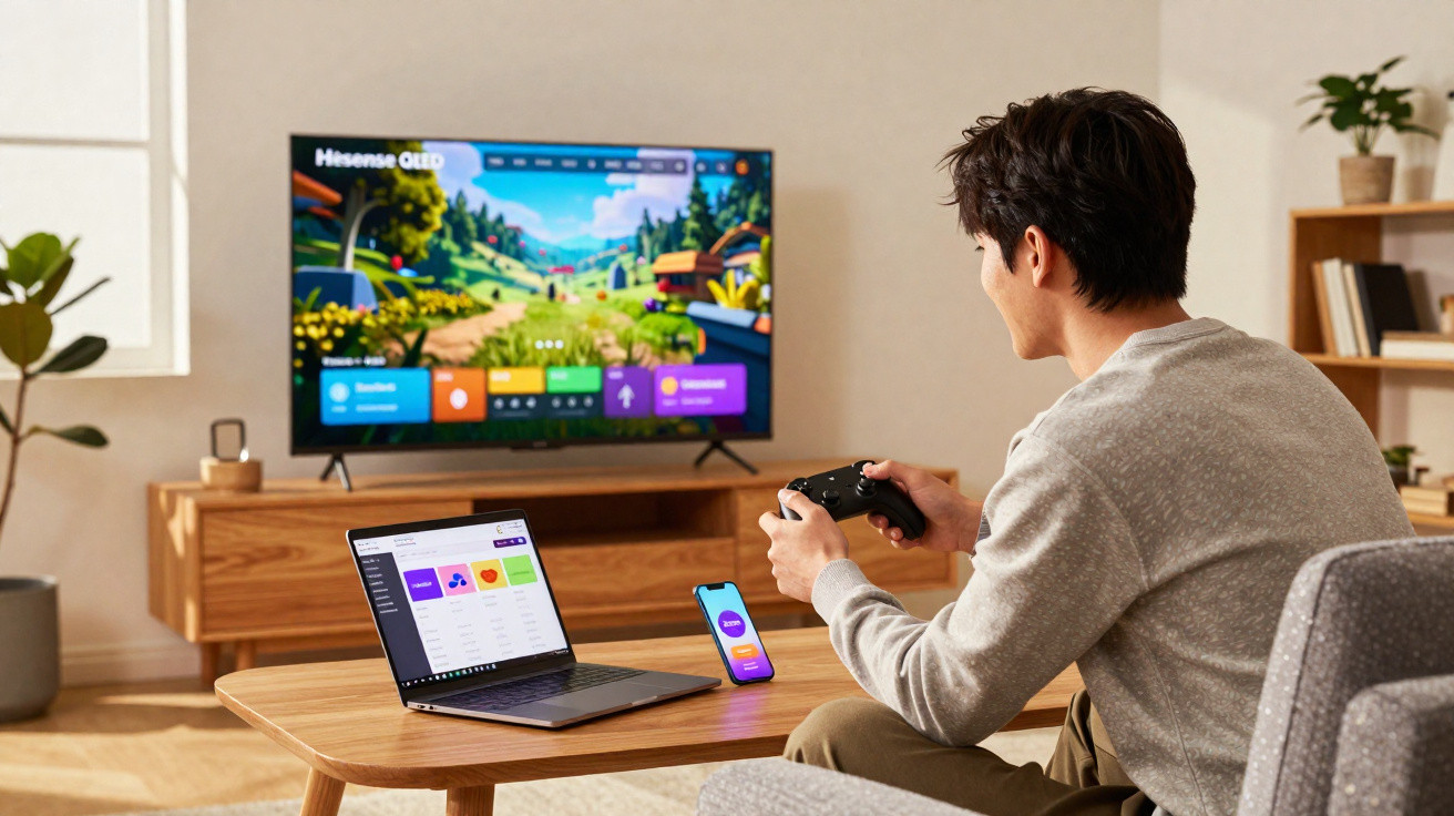Homem a jogar videojogo numa televisão OLED, sentado numa sala moderna com computador e smartphone na mesa.