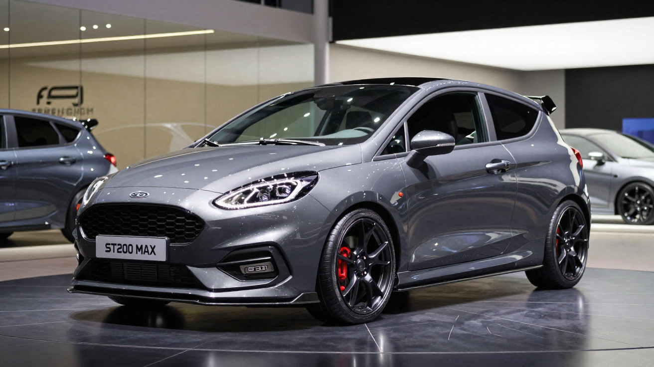 Ford Fiesta ST200 MAX cinzento exposto num salão automóvel com jantes pretas e travões vermelhos.