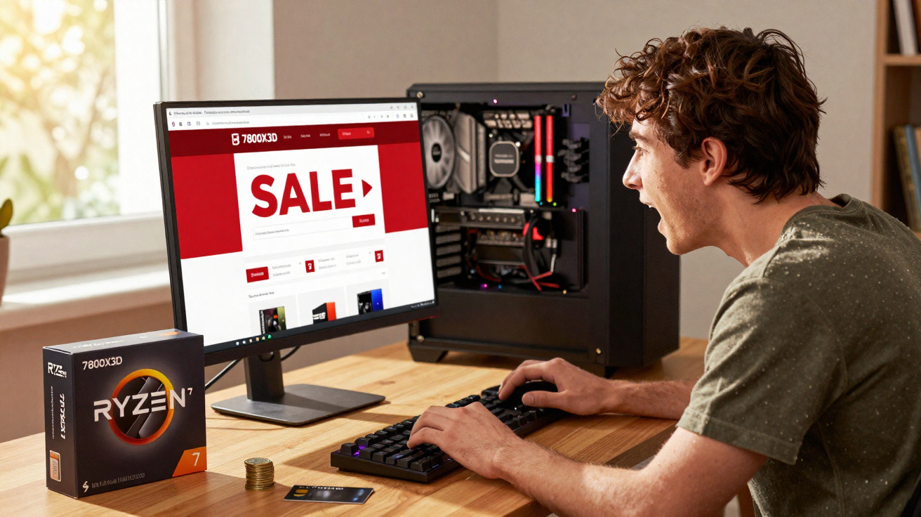 Jovem compra processador Ryzen 7 online em computador com gabinete aberto numa mesa com cartão e moedas.
