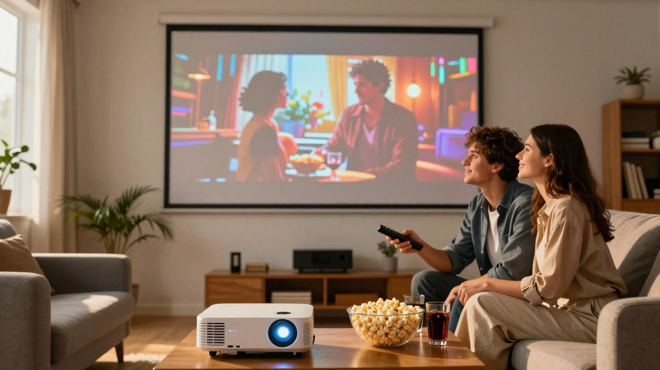 Casal sentado no sofá a ver filme com projetor numa sala aconchegante e tigela de pipocas na mesa.