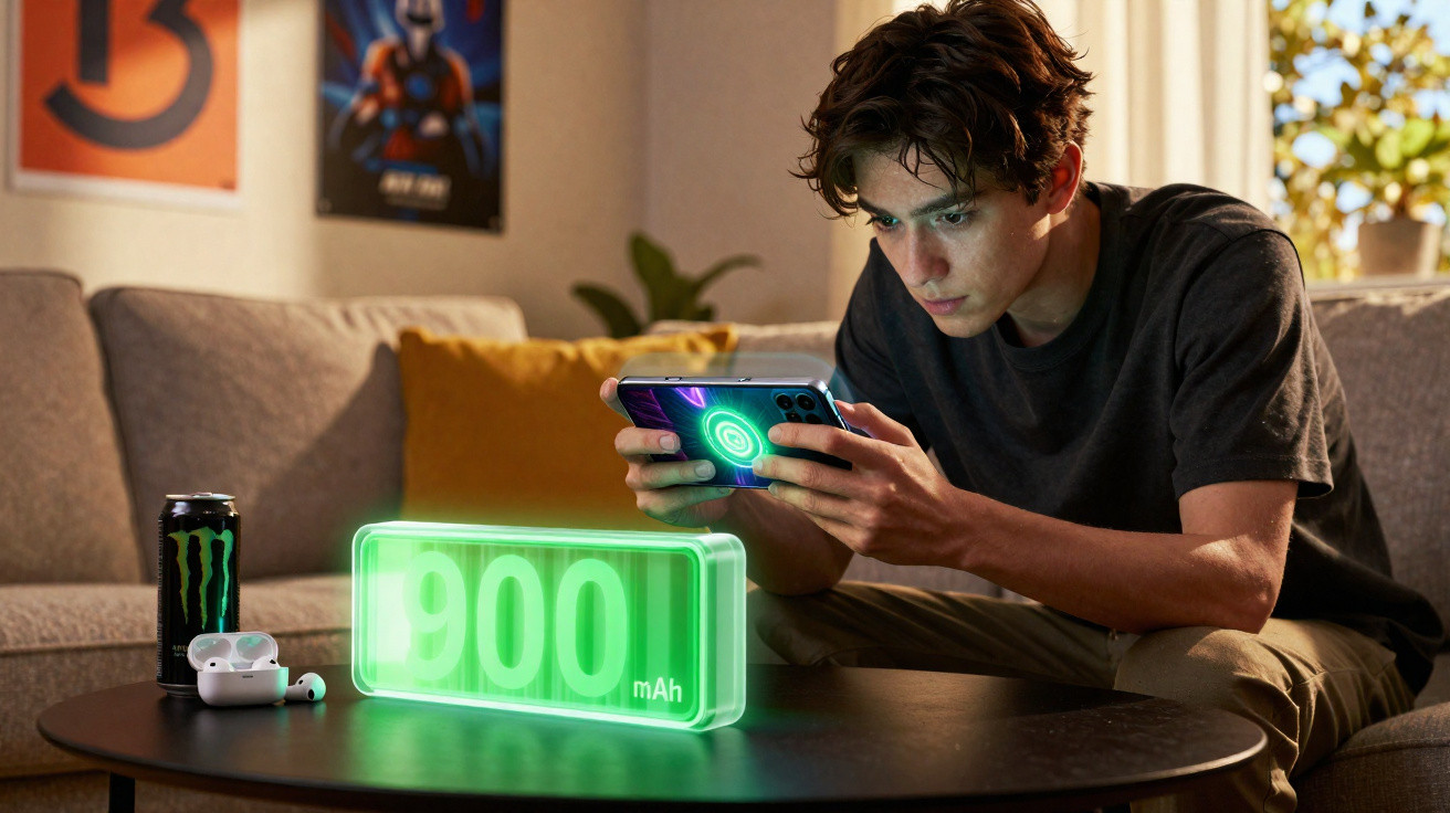 Jovem sentado no sofá a jogar no telemóvel, com imagem holográfica de 900mAh à frente.