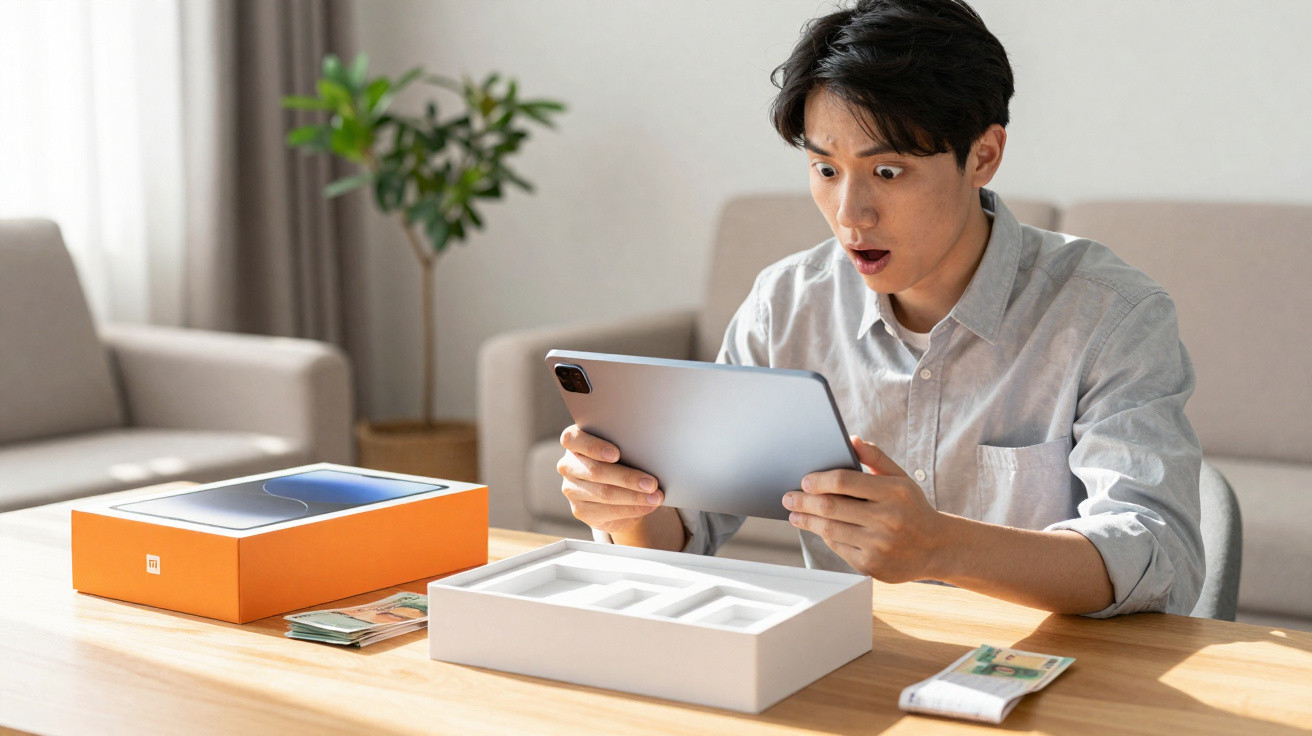 Homem surpreendido a segurar um tablet recém-desembalado numa sala de estar moderna.