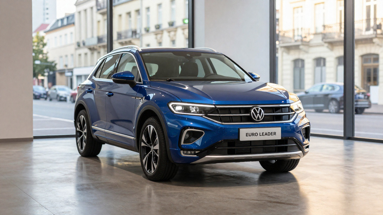 Carro Volkswagen azul exposto em salão moderno com grandes janelas e edifícios ao fundo.