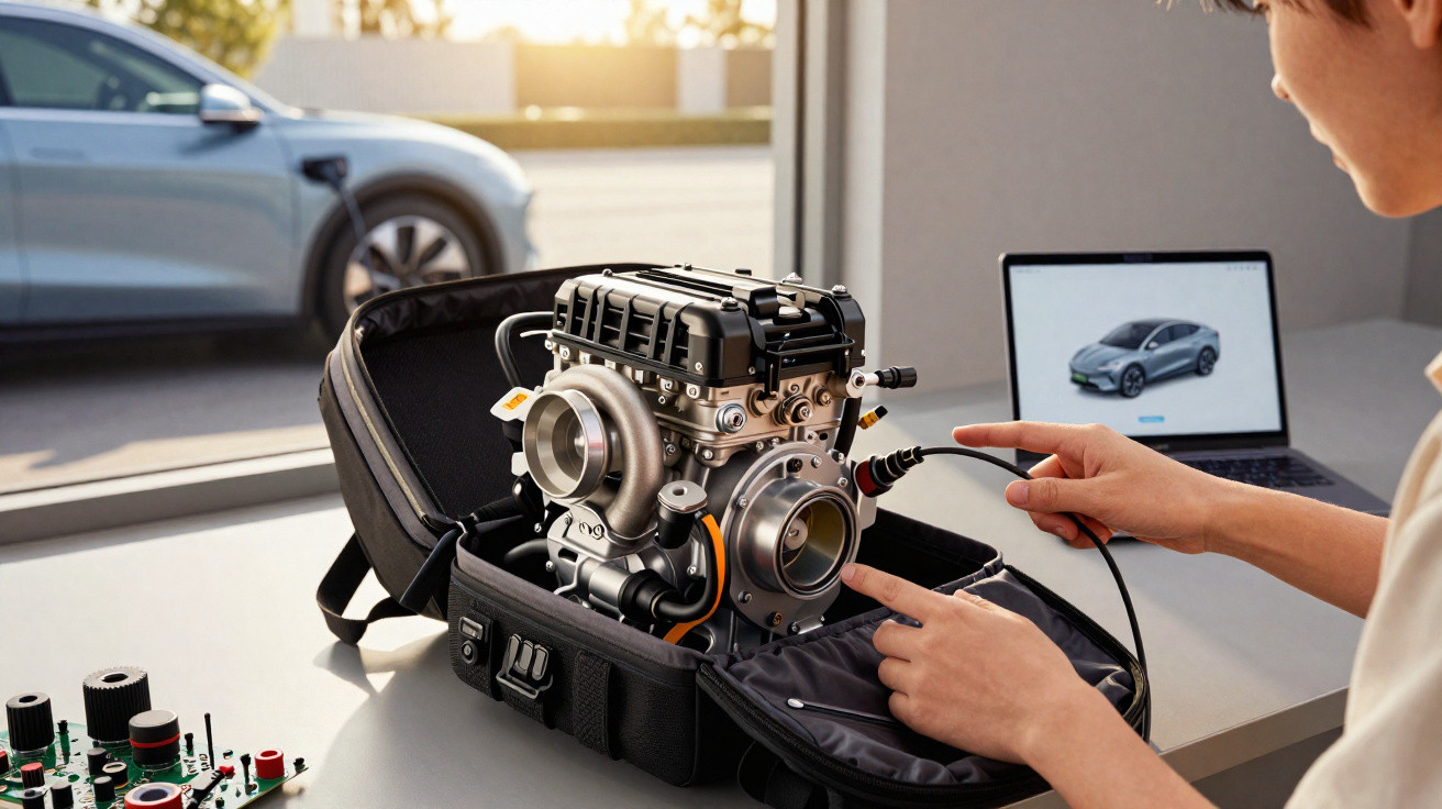 Pessoa a inspecionar um motor elétrico portátil com portátil ao fundo mostrando um carro.