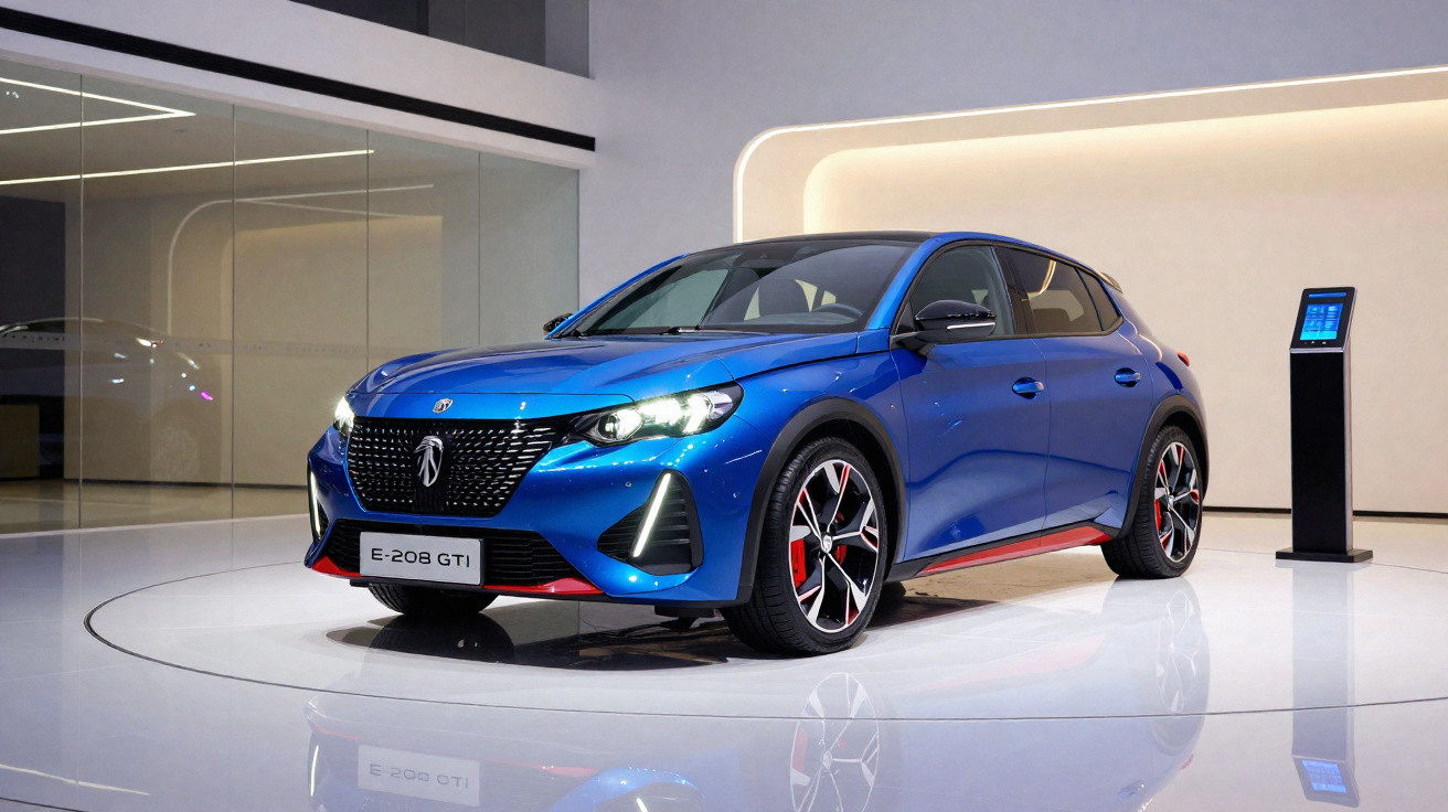 Carro elétrico Peugeot E-208 GTi azul exposto em recinto moderno com chão brilhante branco.