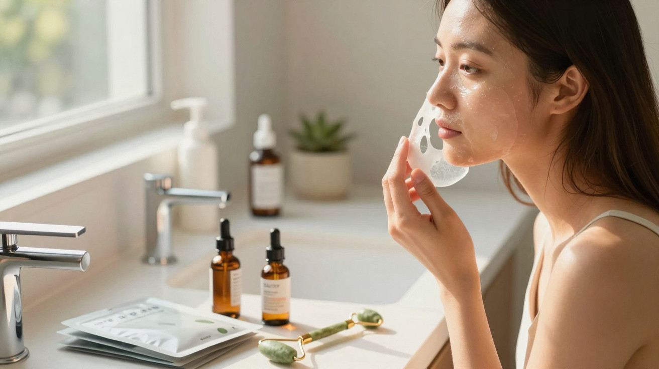 Mulher aplica máscara facial transparente no rosto junto a produtos de cuidados de pele num lavatório iluminado.