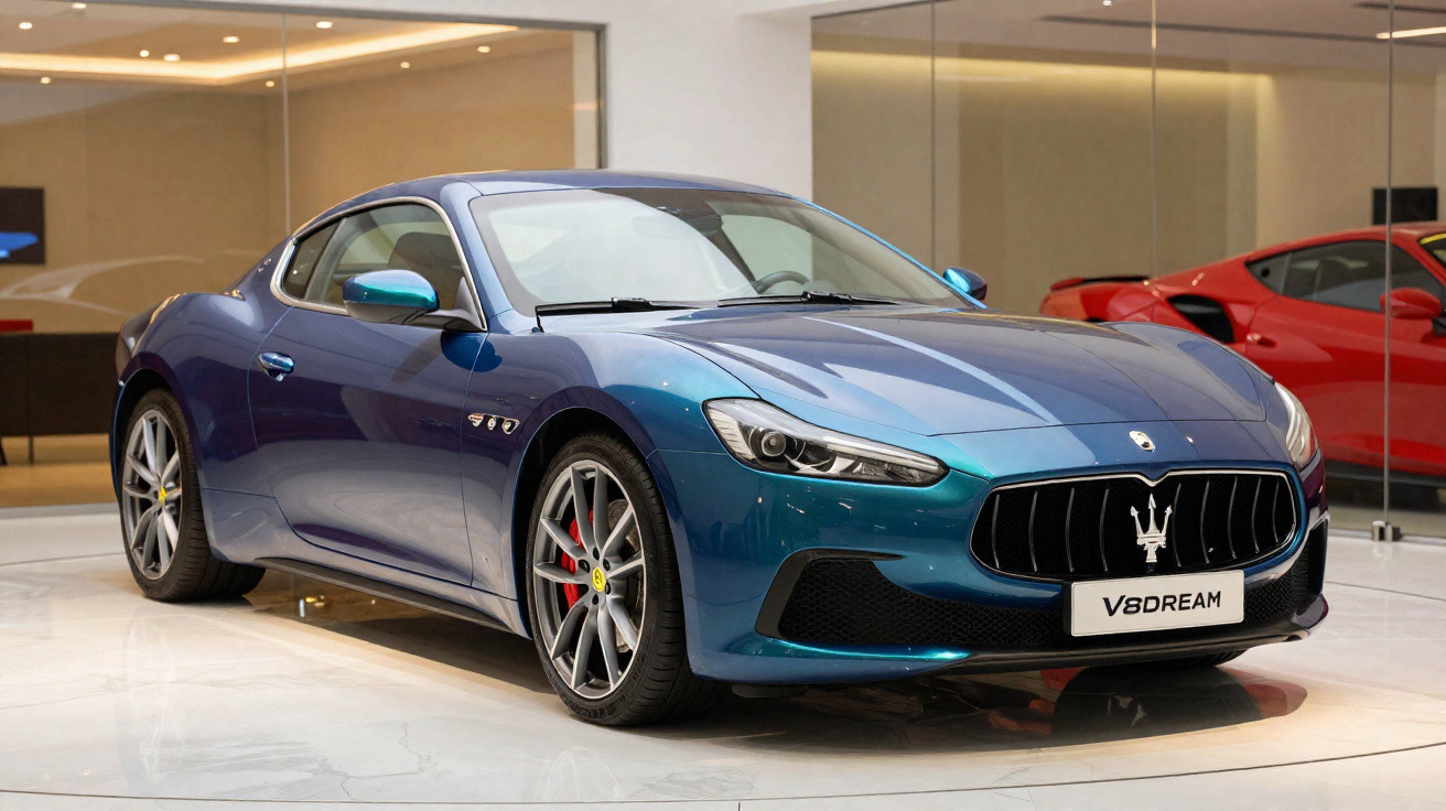 Carro desportivo Maserati azul-metálico em exposição num showroom moderno com pavimento branco.
