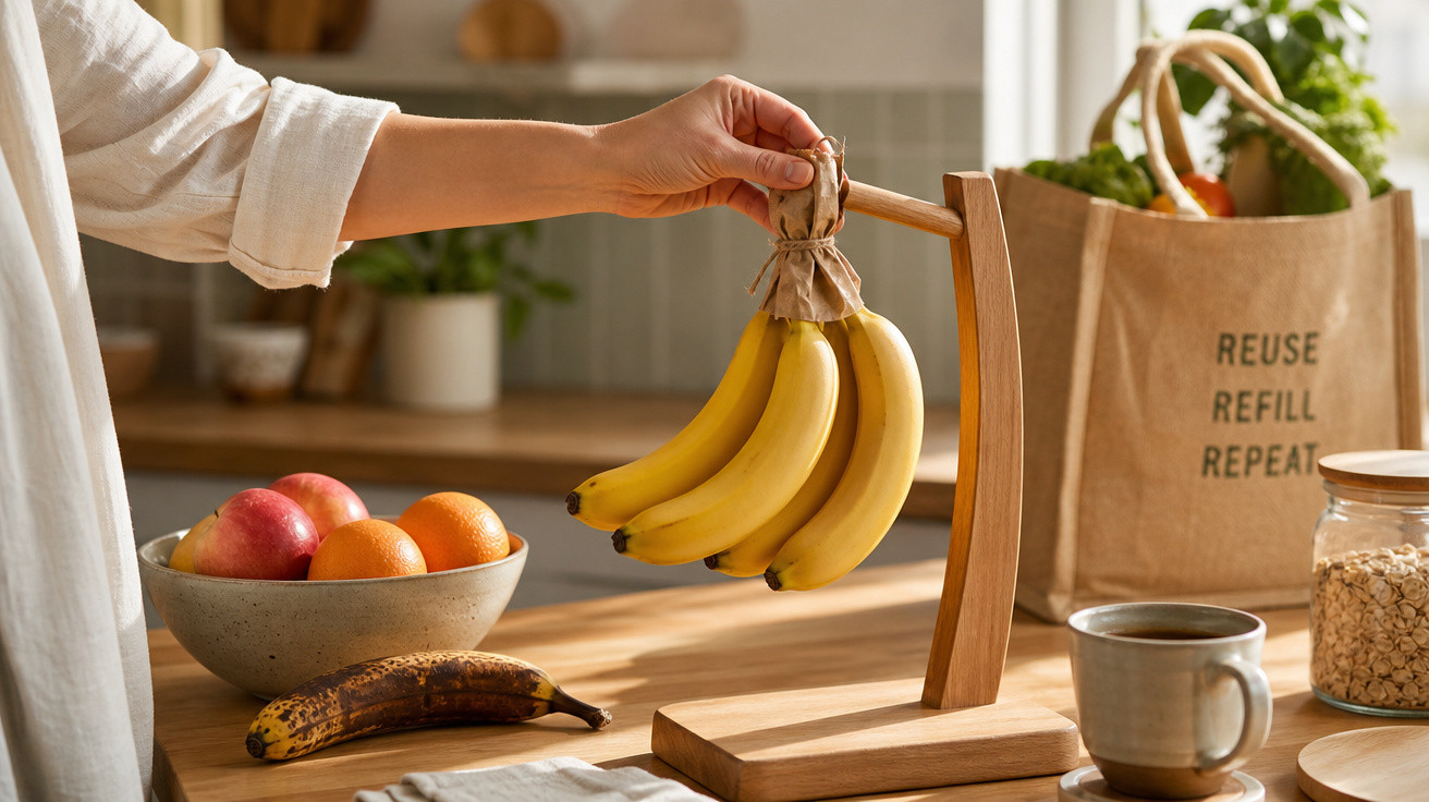 Pessoa pendura cacho de bananas num suporte de madeira numa cozinha iluminada e moderna.